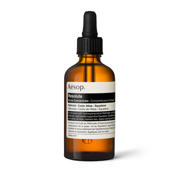 Resolute Facial Concentrate in an amber glass bottle
