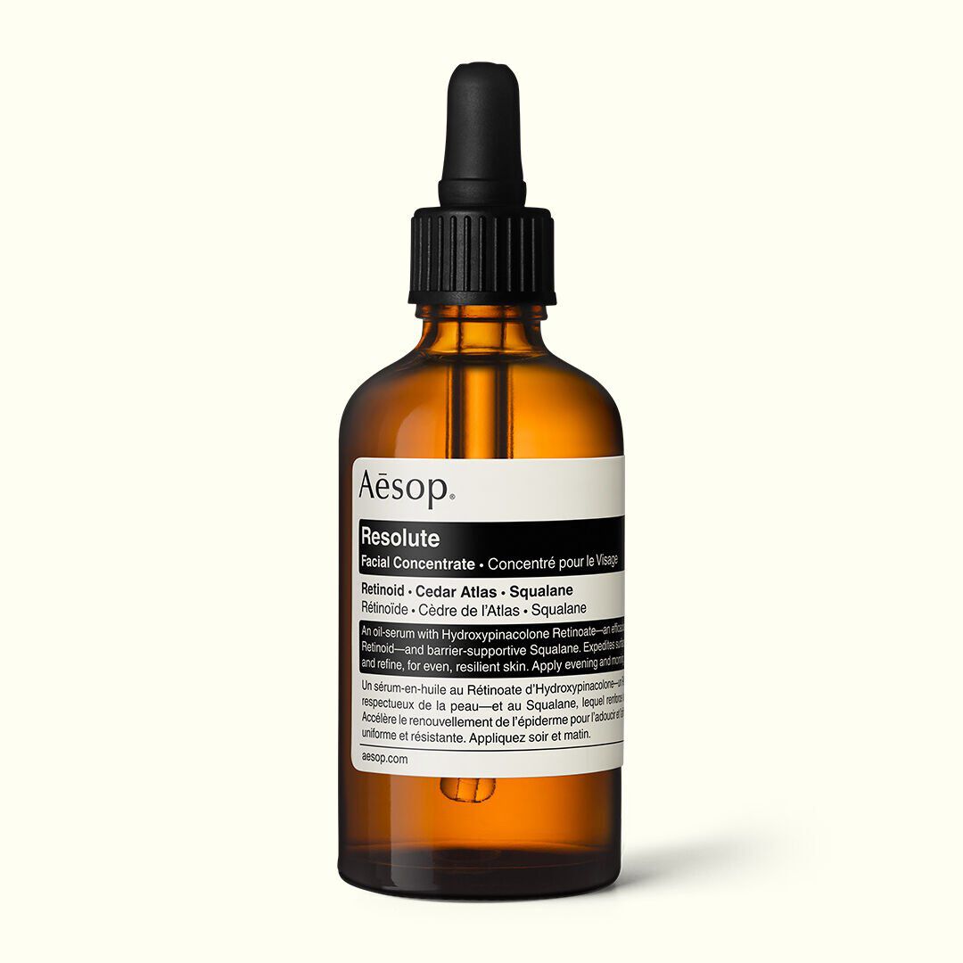 Resolute Facial Concentrate in an amber glass bottle